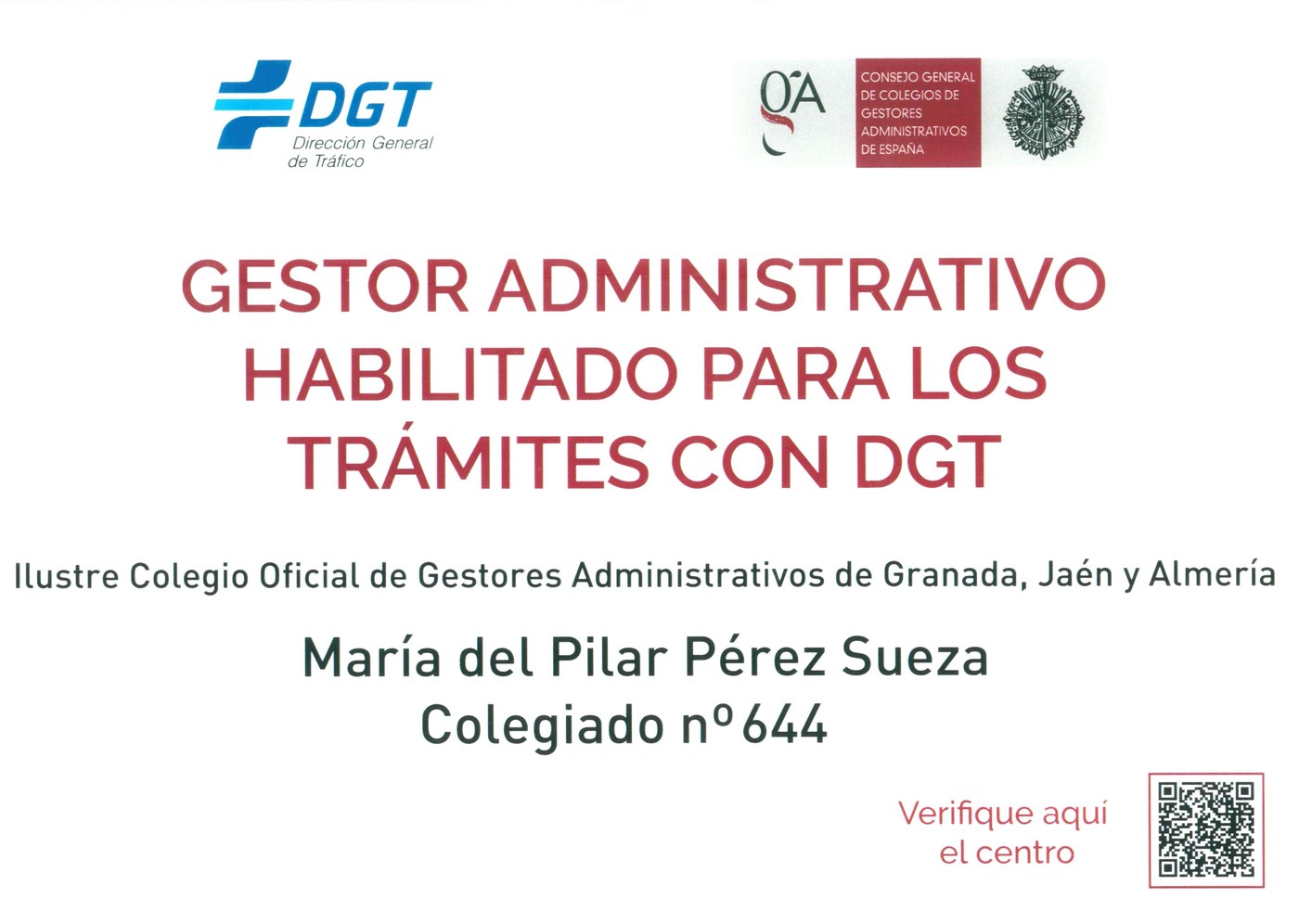 Placa de Gestor Administrativo Habilitado por la DGT - María del Pilar Pérez Sueza, colegiada nº 644